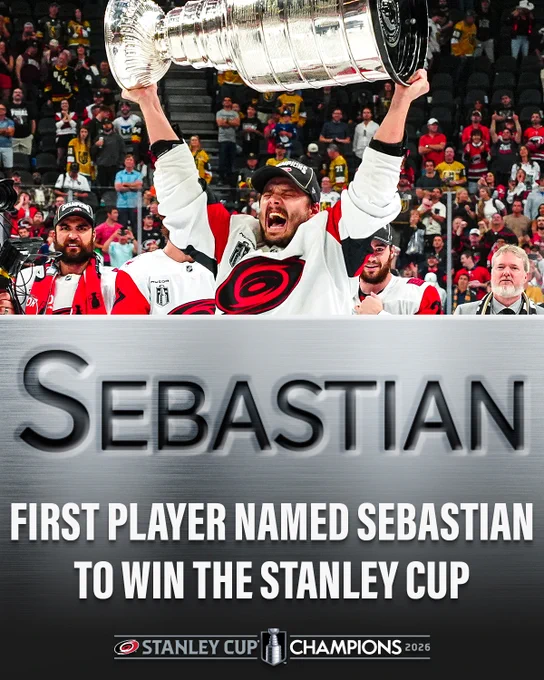 Photo of Sebastian Aho lifting the Stanley Cup. Below, text reads, \"Sebastian: First player named Sebastian to win the Stanley Cup\". 