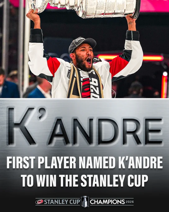 Photo of K'Andre Miller lifting the Stanley Cup. Below, text reads, \"Jalen: First player named K'Andre to win the Stanley Cup\". 