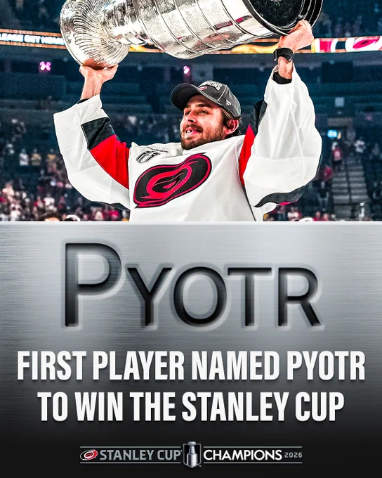 Photo of Pyotr Kochetkov lifting the Stanley Cup. Below, text reads, \"Pyotr: First player named Pyotr to win the Stanley Cup\". 