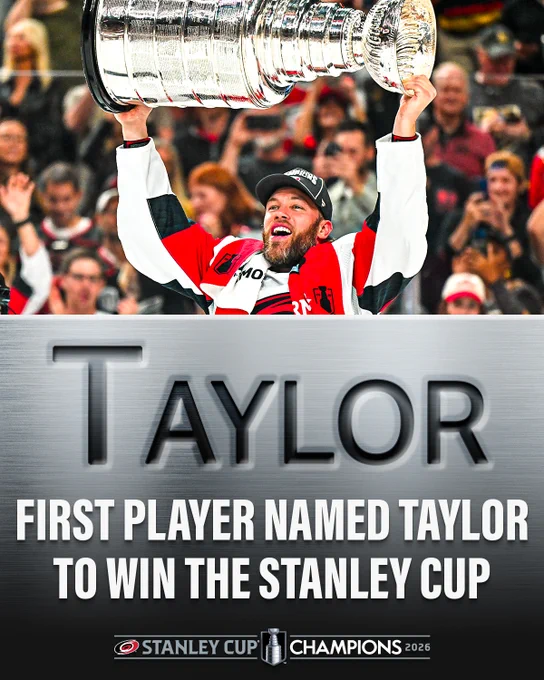 Photo of Taylor Hall lifting the Stanley Cup. Below, text reads, \"Taylor: First player named Taylor to win the Stanley Cup\". 