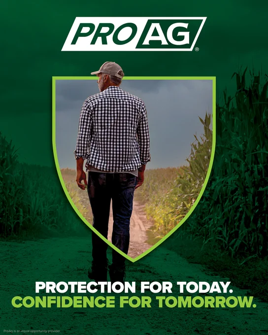 Person in checkered shirt standing at the beginning of a dirt path between tall crops, facing away, under the logo of ProAg crop insurance company and the text "Protection for Today. Confidence for Tomorrow.