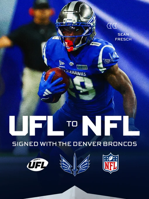Football player transitions from UFL to the NFL, joining the Denver Broncos. Dynamic and inspiring announcement.