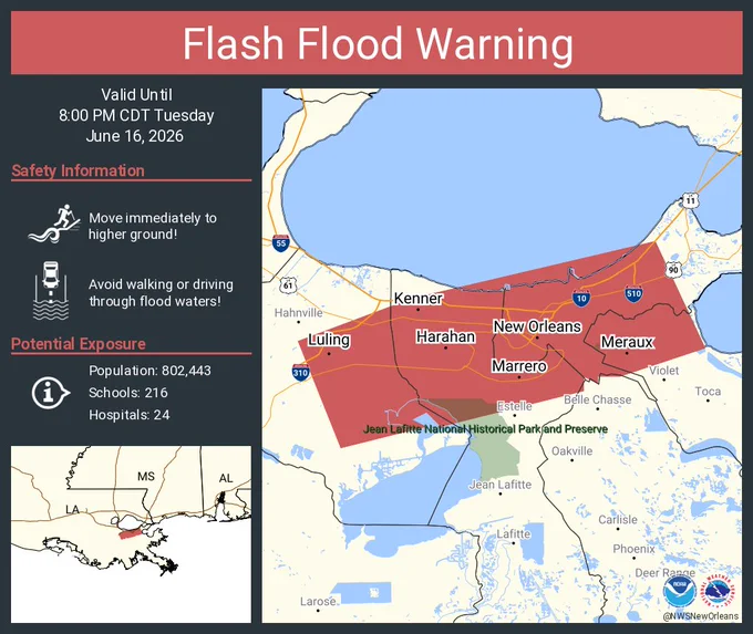 This graphic displays a flash flood warning plotted on a map. The warning is in effect until 8:00 PM CDT. The warning includes New Orleans LA, Metairie LA and Kenner LA.  This warning is for Northern Jefferson Parish in southeastern Louisiana, Southwestern Orleans Parish in southeastern Louisiana, West Central St. Bernard Parish in southeastern Louisiana and East Central St. Charles Parish in southeastern Louisiana. Avoid walking or driving through flood waters! Move immediately to higher ground! There are 802,443 people in the warning along with 216 schools and 24 hospitals.