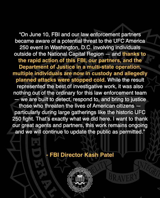 FBI Director Kash Patel announces arrests and prevention of planned attacks related to UFC America 250 event in Washington, D.C.