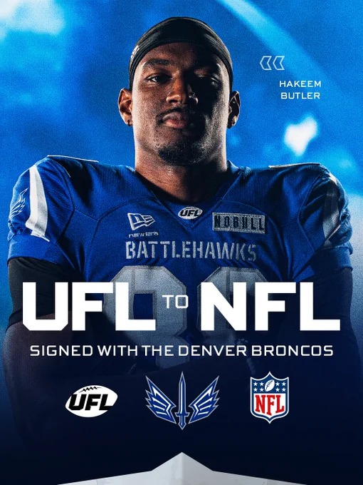 A player from the Battlehawks is announced as signed with the Denver Broncos, transitioning from UFL to NFL. The image conveys excitement and professionalism.