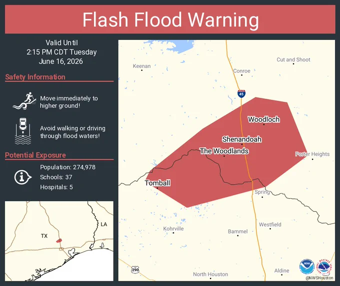 This graphic displays a flash flood warning plotted on a map. The warning is in effect until 2:15 PM CDT. The warning includes The Woodlands TX, Tomball TX and Oak Ridge North TX.  This warning is for Harris County in southeastern Texas and South Central Montgomery County in southeastern Texas. Avoid walking or driving through flood waters! Move immediately to higher ground! There are 274,978 people in the warning along with 37 schools and 5 hospitals.