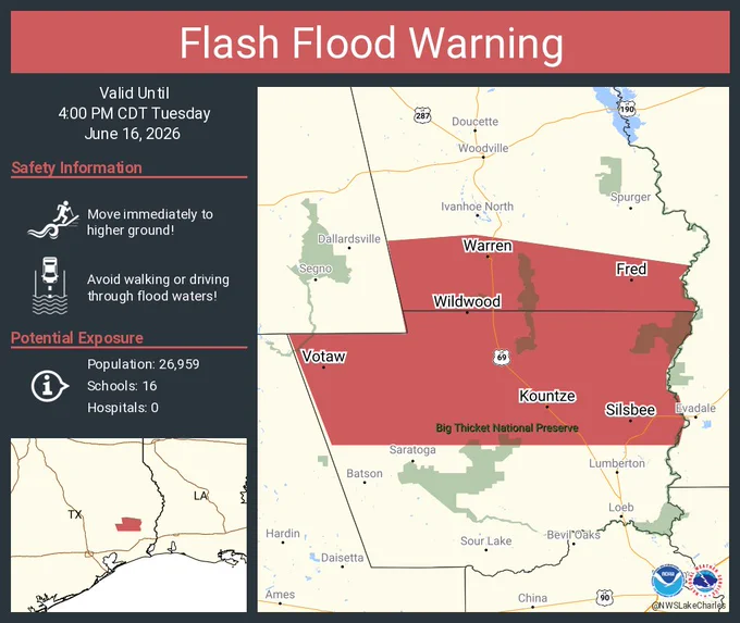 This graphic displays a flash flood warning plotted on a map. The warning is in effect until 4:00 PM CDT. The warning includes Silsbee TX, Kountze TX and Wildwood TX.  This warning is for Northern Hardin County in southeastern Texas and Southern Tyler County in southeastern Texas. Avoid walking or driving through flood waters! Move immediately to higher ground! There are 26,959 people in the warning along with 16 schools and 0 hospitals.