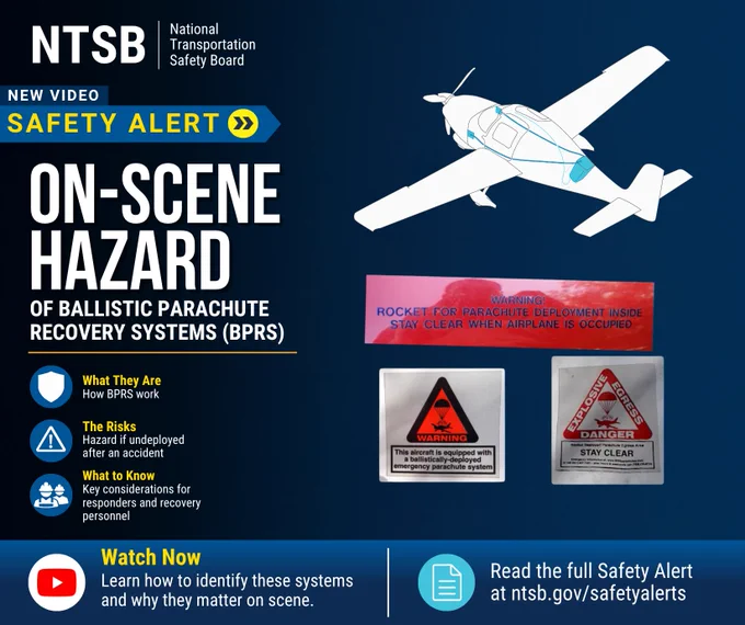 The image is a National Transportation Safety Board (NTSB) safety alert about the on-scene hazard of ballistic parachute recovery systems (BPRS). It includes illustrations of a plane and warning labels, specifically noting the presence of a rocket and dangers associated with BPRS. It emphasizes viewing the full alert on the NTSB website and learning to identify these systems.