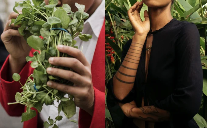 Diptych image showing two partial portraits. On the left, a person holds bunches of leafy greens. On the right, a person stands among plants wearing a dark garment.