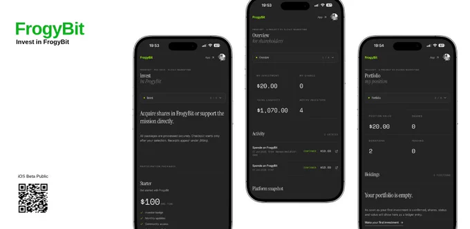 FrogyBit Investment Dashboard showing the new investor portal inside the SocialFi platform. Users can manage investments, view portfolio details, track participation, monitor activity and gain voting rights to help shape the future of the FrogyBit ecosystem. Available through the FrogyBit iOS Beta, desktop platform and Web3 ecosystem.