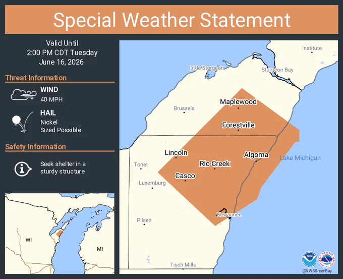 This graphic displays a special weather statement plotted on a map. The statement is in effect until 2:00 PM CDT.  The statement includes Algoma WI, Casco WI and  Forestville WI.  A STRONG THUNDERSTORM WILL IMPACT SOUTH CENTRAL DOOR AND NORTHERN KEWAUNEE COUNTIES UNTIL 2 PM CDT. The threats associated with this storm are wind gusts up to 40 MPH and nickel sized hail. Seek shelter in a sturdy structure until the storm passes.