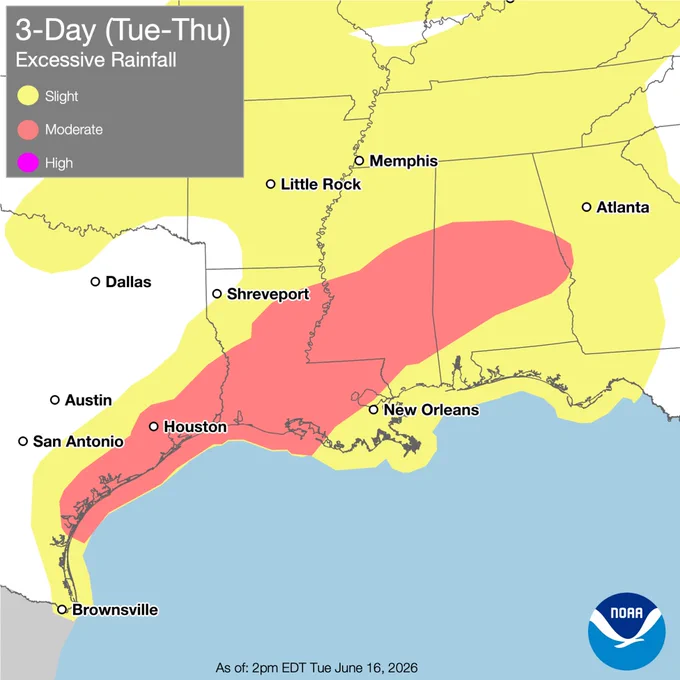 NOAA graphic showing a 3-Day (Tuesday–Thursday) Excessive Rainfall Outlook for the southern U.S. A broad slight risk area (yellow) stretches from south Texas across Louisiana, Mississippi, Alabama, and into parts of the Southeast. A moderate risk area (red) highlights the greatest flash flooding concern along the Texas and Louisiana Gulf Coast, extending from Brownsville through Houston, across southern Louisiana near New Orleans, and inland through parts of Mississippi and Alabama. Major cities labeled include San Antonio, Austin, Dallas, Houston, Shreveport, Little Rock, Memphis, Atlanta, New Orleans, and Brownsville. The graphic emphasizes an elevated threat for multiple rounds of heavy rainfall and potential flash flooding, especially near the western and central Gulf Coast through Thursday.