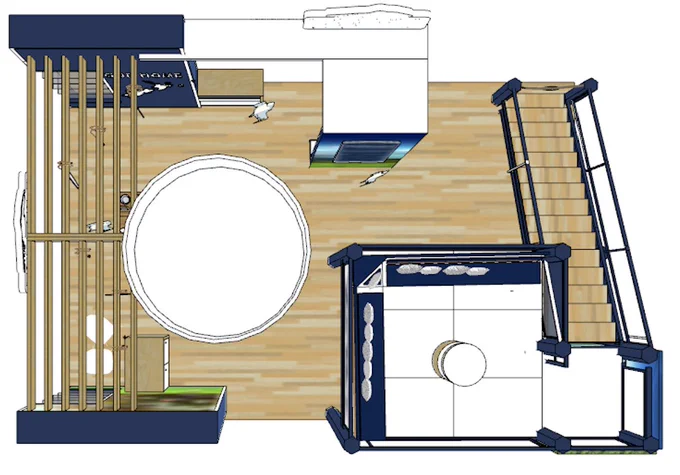Top-down rendering of a custom trade show booth layout featuring a warm wood-look floor, a large circular central gathering area, vertical wood slat architectural elements, branded exhibit structures, a private meeting space, display counters, and an elevated stairway leading to a second-level platform. The exhibit combines open traffic flow with dedicated areas for meetings, product displays, and attendee engagement.