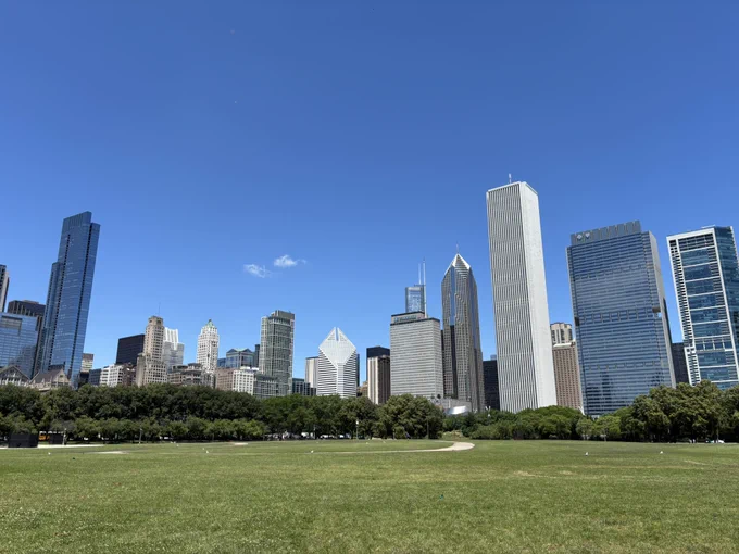 the skyline of the loop as seen from a lawn on the north end of grant park