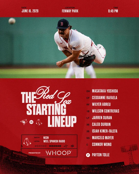 TEXT: Red Sox June 16, 2026 lineup versus Toronto Blue Jays at Fenway Park: Yoshida DH, Rafaela CF, Abreu RF, Contreras 1B, Duran LF, Durbin 3B, Kiner-Falefa 2B, Mayer SS, Wong C, Tolle P.

Watch live on NESN and listen on WEEI and Spanish Radio. First pitch is set for 6:45 pm.

IMAGE: Payton Tolle’s seen mid-pitch on the mound at Fenway Park. He is wearing a black glove and the team’s home white uniforms. 
