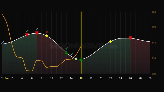 Moonwave Predicted Market Sentiment chart for June 16, 2026. The chart graphs predicted bullish/bearis bias and likely buy/sell/derisk points. The price of BTC is displayed as an orange line.