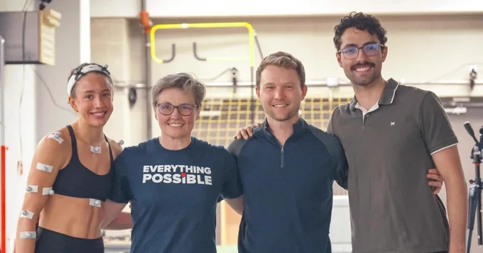 Dr. Kati Pasanen (second from left) and her research team in the Human Performance Lab.