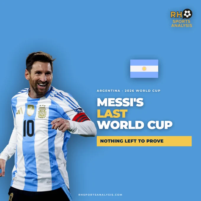 A smiling Messi in an Argentina jersey, celebrating as he prepares for his last World Cup with the national team, background in blue.