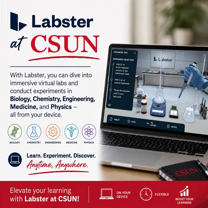 Laptop screen showing a virtual chemistry lab experiment with Labster software, surrounded by lab glassware and a CSUN notebook.