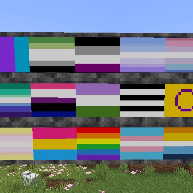 An arrangement of various pride flags placed on Minecraft blocks.