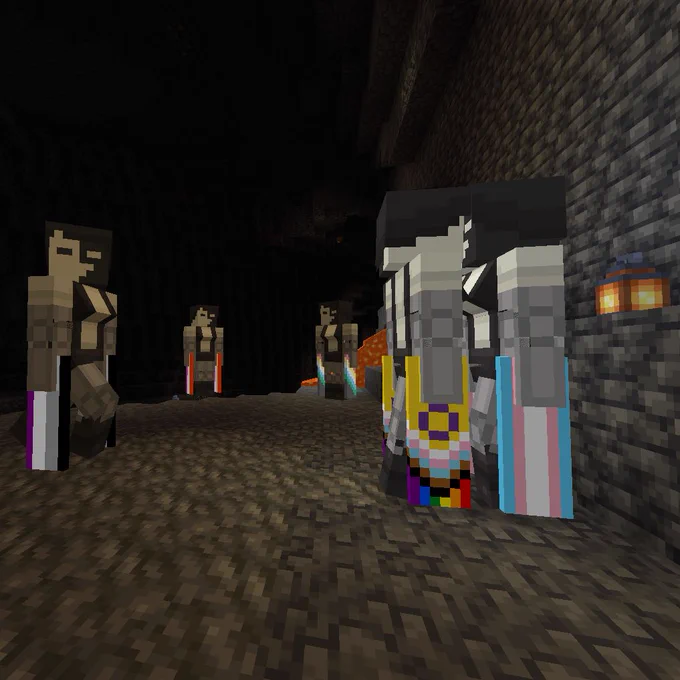 A group of Minecraft mobs in a cave holding laser swords with various pride flag designs.