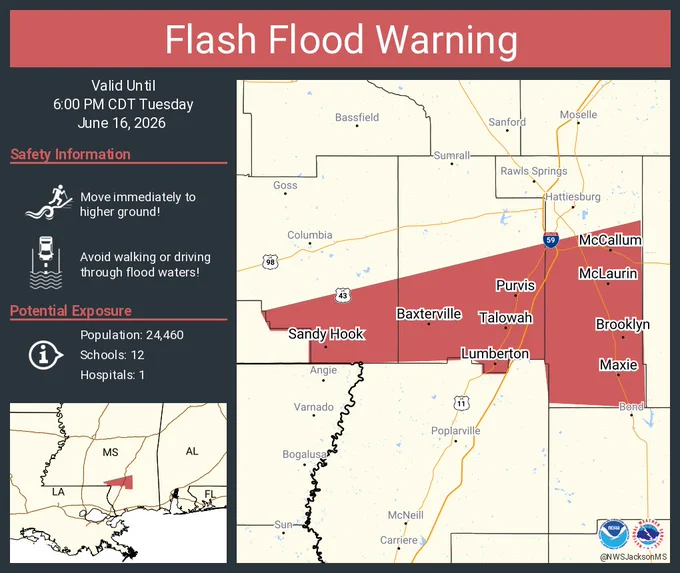 This graphic displays a flash flood warning plotted on a map. The warning is in effect until 6:00 PM CDT. The warning includes Purvis MS, Lumberton MS and Brooklyn MS.  This warning is for Southeastern Marion County in south central Mississippi, Forrest County in southeastern Mississippi and Southern Lamar County in southeastern Mississippi. Avoid walking or driving through flood waters! Move immediately to higher ground! There are 24,460 people in the warning along with 12 schools and 1 hospital.