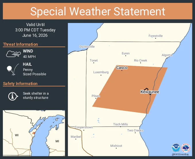 This graphic displays a special weather statement plotted on a map. The statement is in effect until 3:00 PM CDT.  The statement includes Kewaunee WI and  Casco WI.  A STRONG THUNDERSTORM WILL IMPACT CENTRAL KEWAUNEE COUNTY THROUGH 300 PM CDT. The threats associated with this storm are wind gusts up to 40 MPH and penny sized hail. Seek shelter in a sturdy structure until the storm passes.