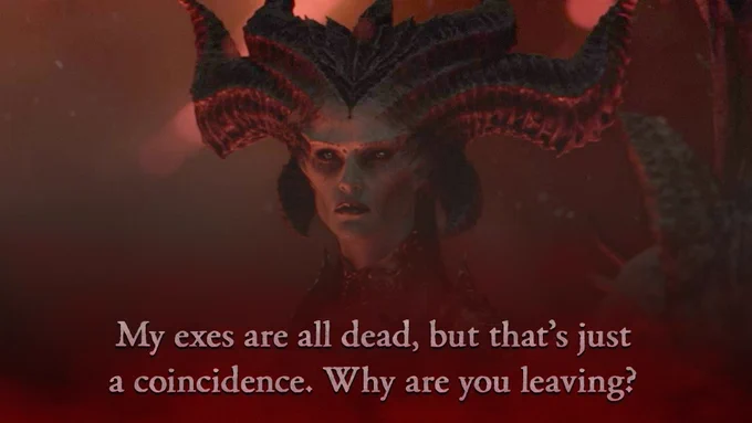 A cinematic screenshot of Lilith standing in a warm orange-red haze, her large segmented horns fanning outward and her pale gray face wearing a cold, unsettled expression. She is dressed in dark scaled armor with a decorative neckpiece. Text at the bottom reads: \"My exes are all dead but that's just a coincidence. Why are you leaving?\"\n
