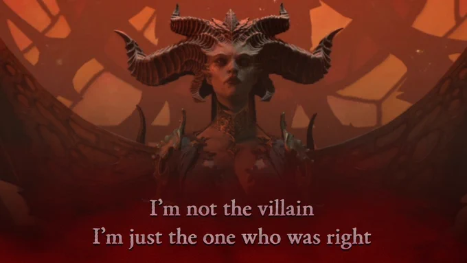 A wide-framed screenshot of Lilith in a burning amber-red environment, her imposing horned silhouette and cold expression dominating the upper portion of the image while her dark armored form with decorative shoulder and chest pieces fills the center. Text at the bottom reads: \"I'm not the villain, I'm just the one who was right.\"\n