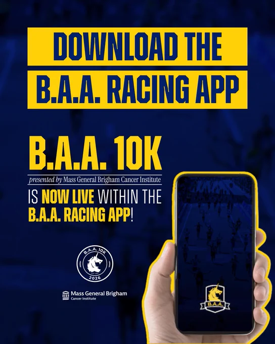 Blue and yellow graphic promoting the B.A.A. Racing App in advance of the 2026 B.A.A. 10K presented by Mass General Brigham Cancer Institute