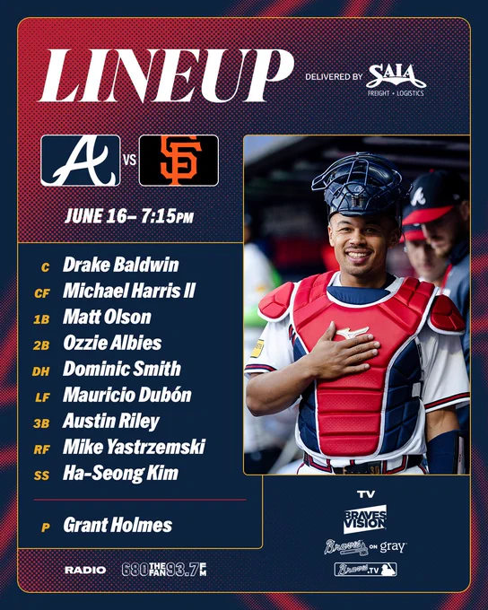Baldwin, Harris II, Olson, Albies, Smith, Dubón, Riley, Yastrzemski, Kim. Holmes on the mound.