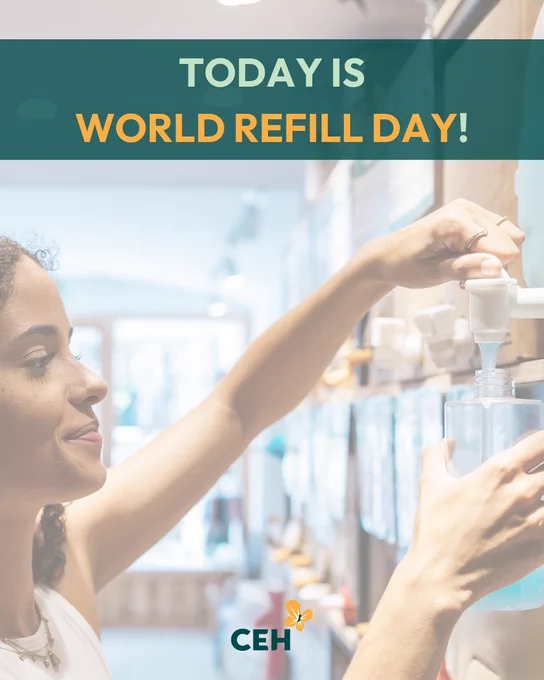 Person refilling a clear bottle from a dispenser in a store promoting World Refill Day.
