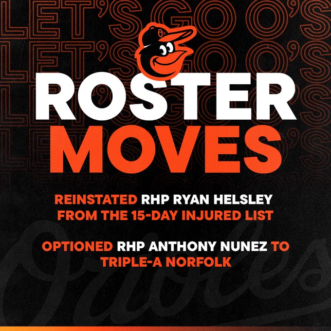 Roster moves:

- Reinstated RHP Ryan Helsley (right elbow inflammation) from the 15-day Injured List. 
- Optioned RHP Anthony Nunez to Triple-A Norfolk after Sunday’s game. 