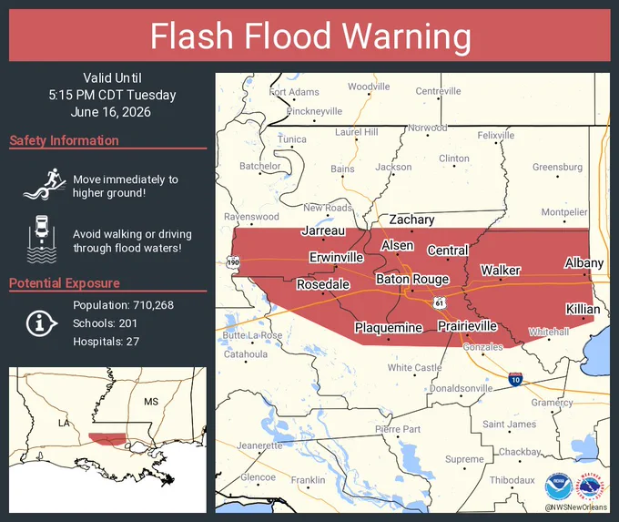 This graphic displays a flash flood warning plotted on a map. The warning is in effect until 5:15 PM CDT. The warning includes Baton Rouge LA, Prairieville LA and Central LA.  This warning is for Northwestern Ascension Parish in southeastern Louisiana, East Baton Rouge Parish in southeastern Louisiana, Northern Iberville Parish in southeastern Louisiana, Livingston Parish in southeastern Louisiana, Southern Pointe Coupee Parish in southeastern Louisiana, Southern St. Helena Parish in southeastern Louisiana and West Baton Rouge Parish in southeastern Louisiana. Avoid walking or driving through flood waters! Move immediately to higher ground! There are 710,268 people in the warning along with 201 schools and 27 hospitals.