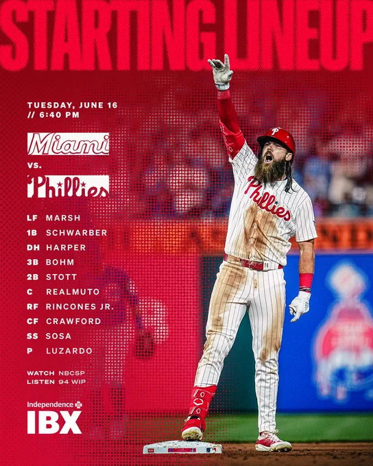 Phillies lineup, 6/16 vs MIA. 6:40pm EDT game time on NBCSP/94WIP.
 
Marsh 7
Schwarber 3
Harper DH
Bohm 5
Stott 4
Realmuto 2
Rincones 9
Crawford 8
Sosa 6
 
Luzardo LHP