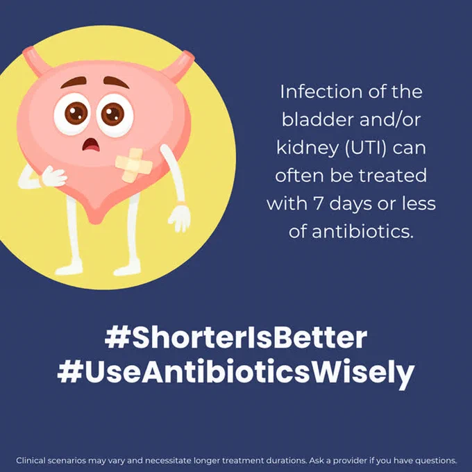 Infection of the bladder and/or kidney (UTI) can often be treated with 7 days or less of antibiotics.
