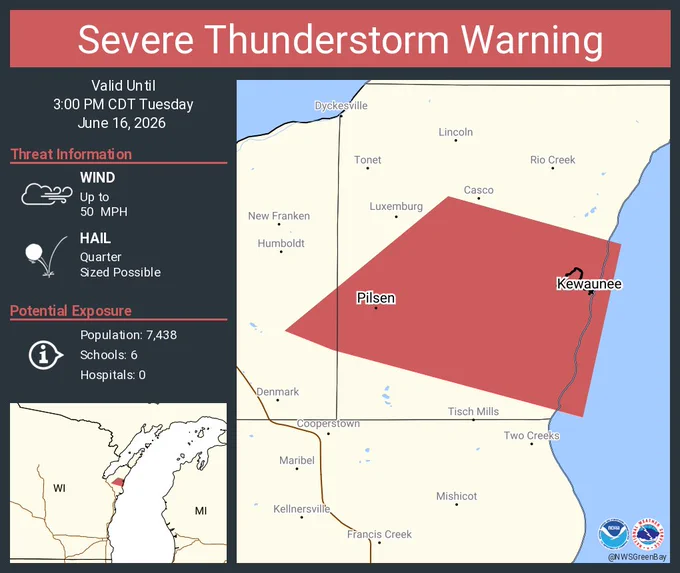 This graphic displays a severe thunderstorm warning plotted on a map. The warning is in effect until 3:00 PM CDT. The warning includes Kewaunee WI and Pilsen WI.  This warning is for Eastern Brown County in northeastern Wisconsin and Southwestern Kewaunee County in northeastern Wisconsin. The threats associated with this warning are wind gusts up to 50 MPH and quarter sized hail. There are 7,438 people in the warning along with 6 schools and 0 hospitals.