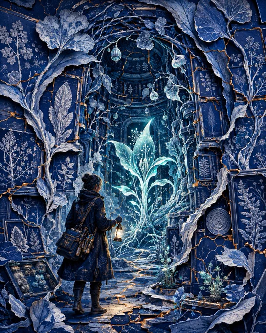 A female xenobotanist stands inside a vast alien botanical archive, rendered in a luminous cyanotype and layered paper style. She wears a dark indigo field coat and holds a small, warm lantern as she faces a towering, translucent plant glowing pale cyan at the center of the chamber. Enormous white-blue leaves, roots, and pressed botanical specimens climb across deep Prussian-blue walls and broken archive panels. Thin copper repair lines run through cracks in the architecture and along the pathway, while smaller plants, hanging seed pods, specimen cases, and layered paper textures fill the scene.