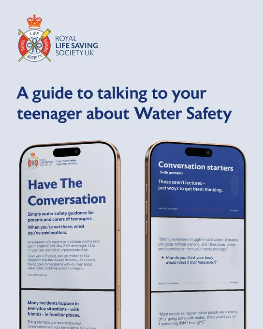 Here is the alt text for the image:

"A guide titled 'A guide to talking to your teenager about Water Safety' by the Royal Life Saving Society UK. The image features two smartphone screens displaying conversation tips and guidance on water safety for teenagers."
