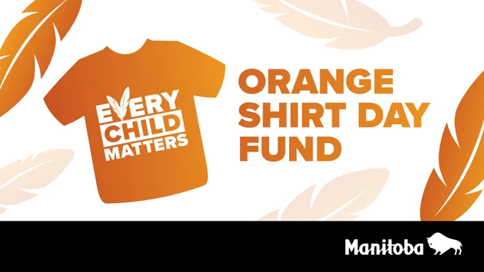 Illustration of an orange shirt with “every child matters” printed on it. Caption: Orange Shirt Day Fund.