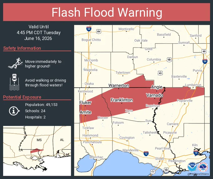 This graphic displays a flash flood warning plotted on a map. The warning is in effect until 4:45 PM CDT. The warning includes Amite LA, Franklinton LA and Varnado LA.  This warning is for Northern Tangipahoa Parish in southeastern Louisiana, Washington Parish in southeastern Louisiana, Northern Pearl River County in southern Mississippi and Southeastern Walthall County in southern Mississippi. Avoid walking or driving through flood waters! Move immediately to higher ground! There are 49,153 people in the warning along with 24 schools and 2 hospitals.
