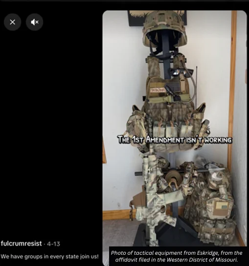 Photo of tactical equipment from Eskridge, from the affidavit filed in the Western District of Missouri.