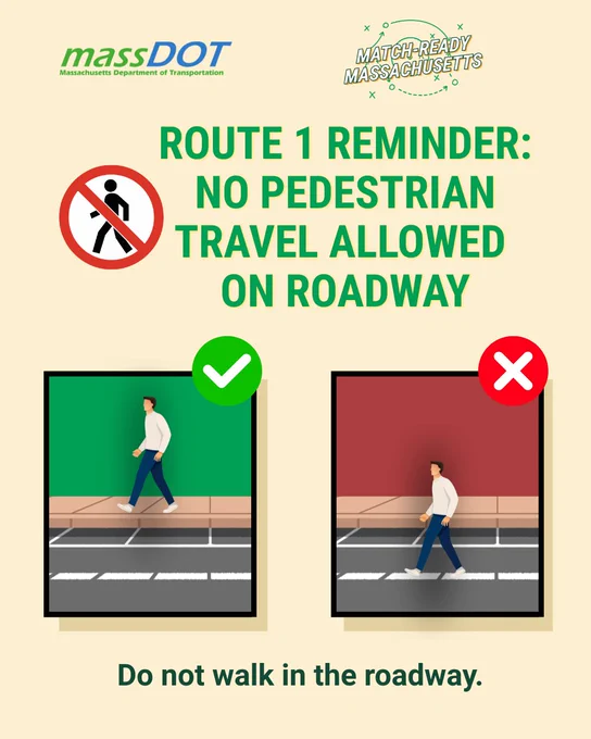 MassDOT warning sign stating no pedestrian travel allowed on Route 1 roadway with visuals showing correct sidewalk walking and incorrect road walking.