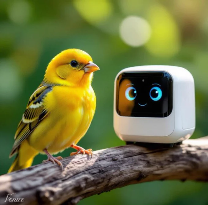 AI generated image by Venice AI

Yellow canary perched upon a tree branch with a friendly square computer monitor screen smiling AI bot.
