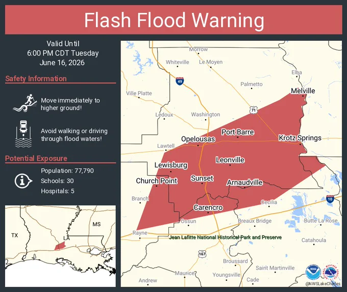 This graphic displays a flash flood warning plotted on a map. The warning is in effect until 6:00 PM CDT. The warning includes Opelousas LA, Carencro LA and Church Point LA.  This warning is for Southeastern St. Landry Parish in central Louisiana, Northeastern Lafayette Parish in south central Louisiana, Northwestern St. Martin Parish in south central Louisiana and Northeastern Acadia Parish in southwestern Louisiana. Avoid walking or driving through flood waters! Move immediately to higher ground! There are 77,790 people in the warning along with 30 schools and 5 hospitals.