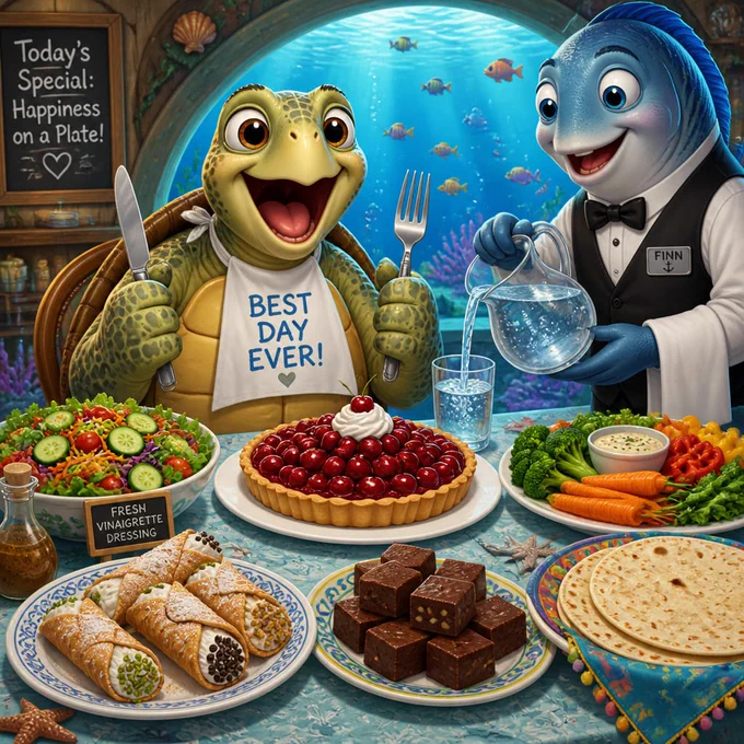 An AI generated cartoon image of a happy sea turtle wearing a bib that says "Best Day Ever!" as he raises a knife and fork at a table with a feast including a cherry tart, a plate of cannolis, a plate of fudge, a plate of tortillas, a platter of fresh vegetables and dip, and a fresh salad with a vinaigrette dressing.  A fish waiter fills his glass with water.