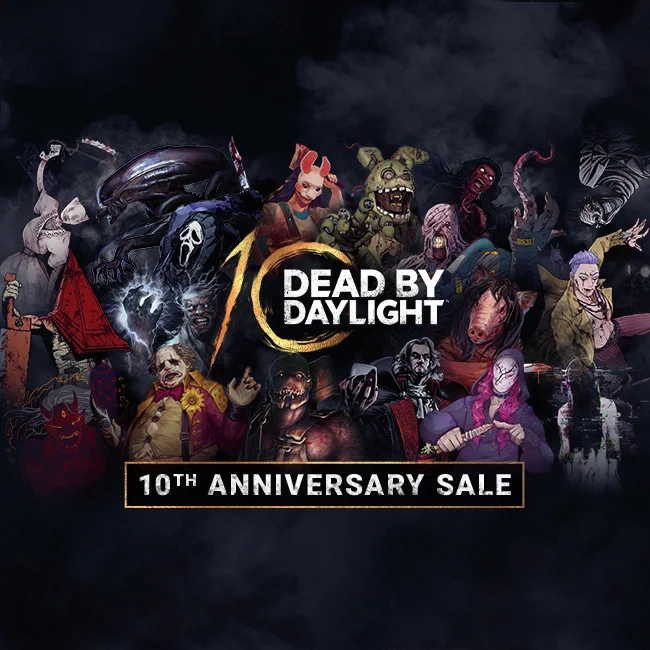 Dead by Daylight's 10th Anniversary key art, text reads '10th Anniversary Sale'