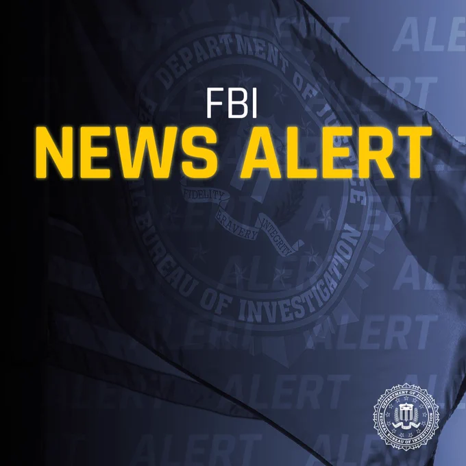 FBI emblem with bold yellow text announcing a news alert over a dark blue background.