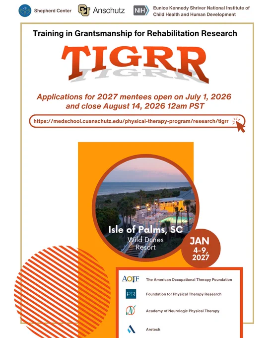 Promotional flyer for TIGRR 2027 grantmanship training at Isle of Palms, SC, with application dates July 1 to August 14, 2026.