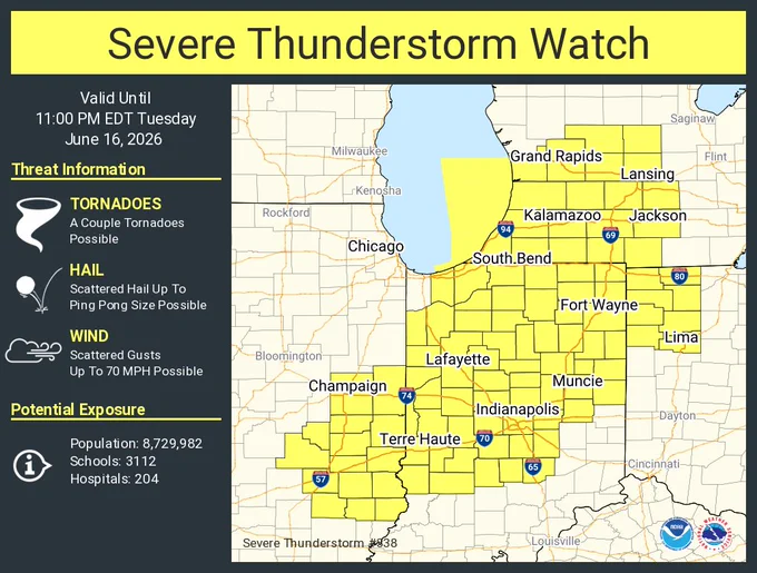 This graphic displays Severe Thunderstorm watch number 338 plotted on a map. The watch is in effect until 11:00 PM EDT. The watch includes parts of Illinois, Indiana, Michigan and Ohio. The threats associated with this watch are a couple tornadoes possible, scattered hail up to ping pong size possible and scattered gusts up to 70 mph possible. There are 8,729,982 people in the watch along with 3112 schools and 204 hospitals.